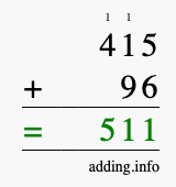 Calculate 415 + 96 using long addition
