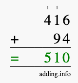 Calculate 416 + 94 using long addition
