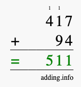 Calculate 417 + 94 using long addition