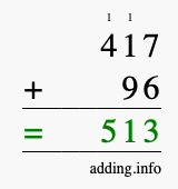 Calculate 417 + 96 using long addition