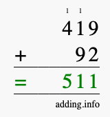 Calculate 419 + 92 using long addition