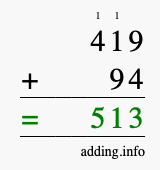 Calculate 419 + 94 using long addition