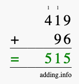 Calculate 419 + 96 using long addition