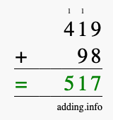 Calculate 419 + 98 using long addition
