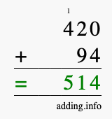 Calculate 420 + 94 using long addition