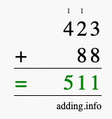 Calculate 423 plus 88 using long addition Calculate 423 + 88 using long addition