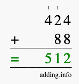 Calculate 424 + 88 using long addition