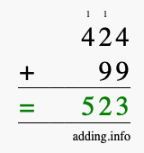 Calculate 424 + 99 using long addition