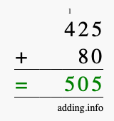 Calculate 425 + 80 using long addition