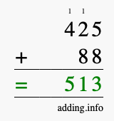 Calculate 425 + 88 using long addition