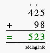 Calculate 425 + 98 using long addition