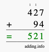 Calculate 427 + 94 using long addition