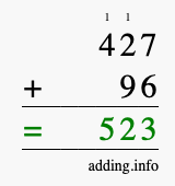 Calculate 427 + 96 using long addition
