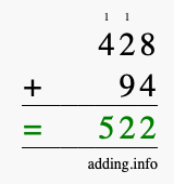 Calculate 428 + 94 using long addition
