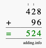 Calculate 428 + 96 using long addition