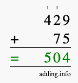 Calculate 429 + 75 using long addition