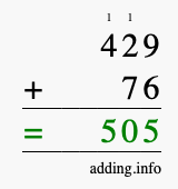 Calculate 429 + 76 using long addition