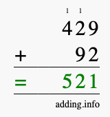 Calculate 429 + 92 using long addition