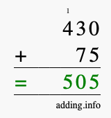 Calculate 430 + 75 using long addition