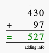 Calculate 430 + 97 using long addition