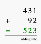 Calculate 431 + 92 using long addition