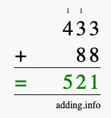 Calculate 433 + 88 using long addition