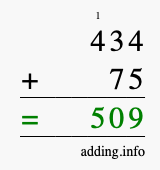 Calculate 434 + 75 using long addition
