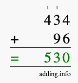 Calculate 434 + 96 using long addition