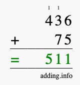 Calculate 436 + 75 using long addition