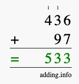 Calculate 436 + 97 using long addition