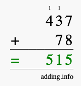 Calculate 437 + 78 using long addition