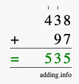 Calculate 438 + 97 using long addition