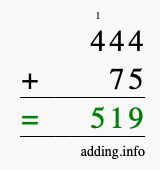 Calculate 444 + 75 using long addition