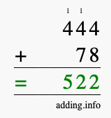 Calculate 444 + 78 using long addition
