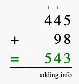 Calculate 445 + 98 using long addition