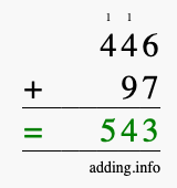 Calculate 446 + 97 using long addition