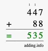 Calculate 447 + 88 using long addition