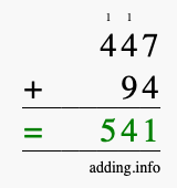 Calculate 447 + 94 using long addition