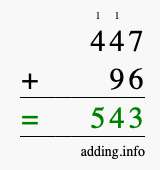 Calculate 447 + 96 using long addition