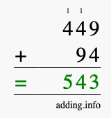 Calculate 449 + 94 using long addition