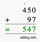 Calculate 450 + 97 using long addition