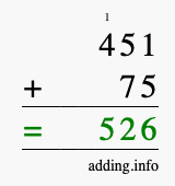 Calculate 451 + 75 using long addition