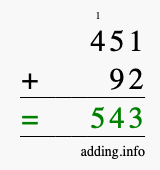 Calculate 451 + 92 using long addition