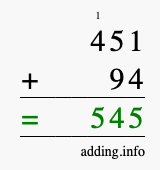 Calculate 451 + 94 using long addition