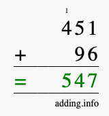 Calculate 451 + 96 using long addition