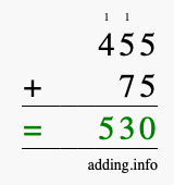 Calculate 455 + 75 using long addition