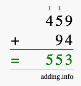 Calculate 459 + 94 using long addition