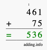 Calculate 461 + 75 using long addition