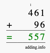 Calculate 461 + 96 using long addition
