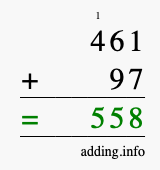 Calculate 461 + 97 using long addition